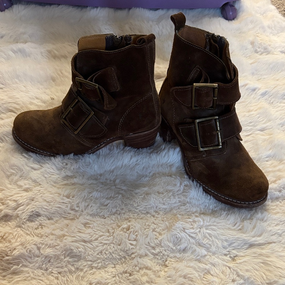 Frye Dark Brown Suede Double-Buckle Ankle Boots